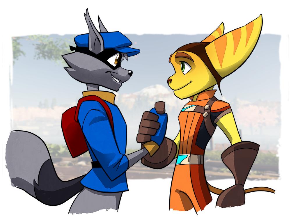2boys, animal_ears, blue_gloves, blue_hat, blue_shirt, bodysuit, brown_gloves, english_commentary