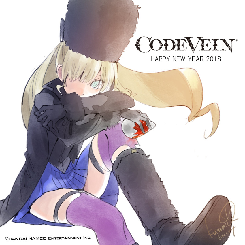 1girl, 2018, black_hat, black_jacket, black_shoes, blonde_hair, blue_skirt, code_vein