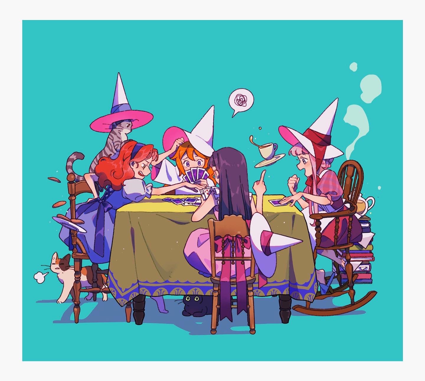 4girls, ace_(playing_card), ace_of_spades, animal, apron, aqua_background, back_bow, black_cat, blue_dress, blue_slippers, book, book_stack, borrowed_character, bow, brown_eyes, calico_cat, card, card_game, carol_cao, cat, chair, clenched_hand, clothed_animal, commentary, cookie, crossover, cup, dress, english_commentary, floating_food, food, glass_teapot, grey_cat, grey_eyes, grin, hairband, hand_on_own_hip, hat, hat_ribbon, highres, holding, holding_card, index_finger_raised, long_hair, multiple_girls, nape_braid, on_chair, orange_hair, original, pink_bow, pink_dress, pink_hair, pink_ribbon, pink_shirt, plate, playing_card, puffy_short_sleeves, puffy_sleeves, purple_bow, purple_hair, purple_hairband, purple_ribbon, reaching, reaching_towards_another, red_dress, red_hair, red_ribbon, ribbon, rocking_chair, saucer, scratching_head, scribble, seven_of_hearts, shadow, shirt, short_sleeves, slippers, smile, socks, spade_(shape), speech_bubble, spilling, steam, striped_clothes, striped_shirt, tabby_cat, table, tablecloth, tea, teacup, teeth, unworn_hat, unworn_headwear, upper_teeth_only, vertical-striped_clothes, vertical-striped_shirt, very_long_sidelocks, violet_eyes, wavy_hair, white_apron, white_dress, white_hat, white_shirt, white_socks, witch, witch_hat, wooden_chair