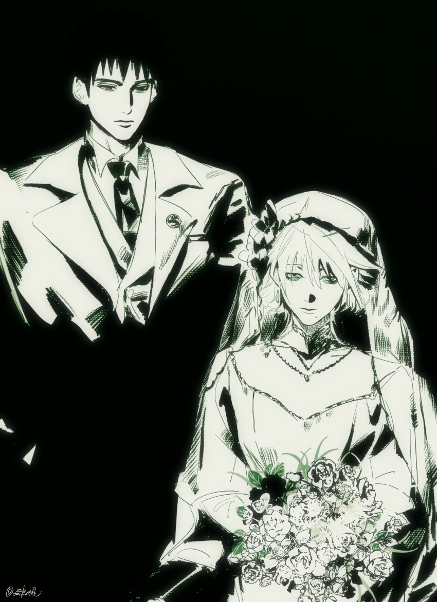1boy, 1girl, absurdres, bouquet, breasts, closed_mouth, coat, dress, eluspac_maru, flower, formal_clothes, genderswap, genderswap_(mtf), hatake_kakashi, highres, husband_and_wife, jewelry, long_sleeves, medium_hair, mole, naruto_(series), naruto_shippuuden, necklace, shirt, short_hair, uchiha_obito, veil