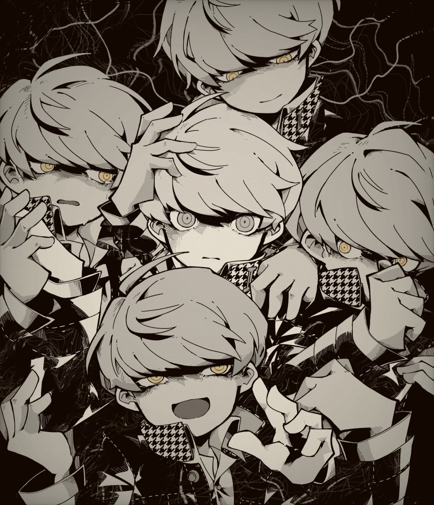 absurdres, arm_up, arms_up, collared_jacket, collared_shirt, dot_nose, greyscale, hand_on_another's_head