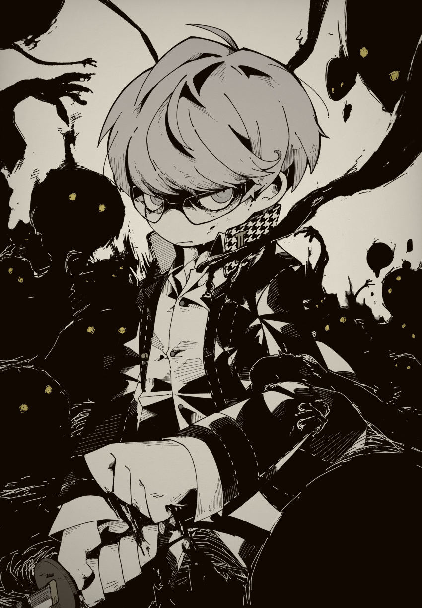 1boy, absurdres, bespectacled, clenched_hands, closed_mouth, collared_jacket, collared_shirt, dress_shirt