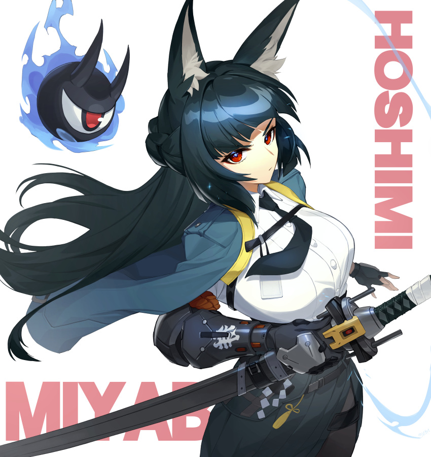 1girl, absurdres, animal_ears, black_gloves, black_hair, black_necktie, blunt_bangs, breasts