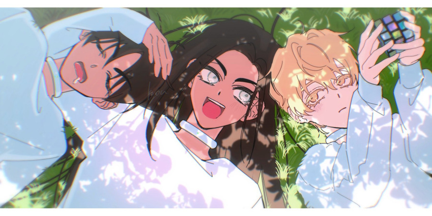 1girl, 2boys, alien_stage, blonde_hair, brown_hair, choker, closed_eyes, closed_mouth