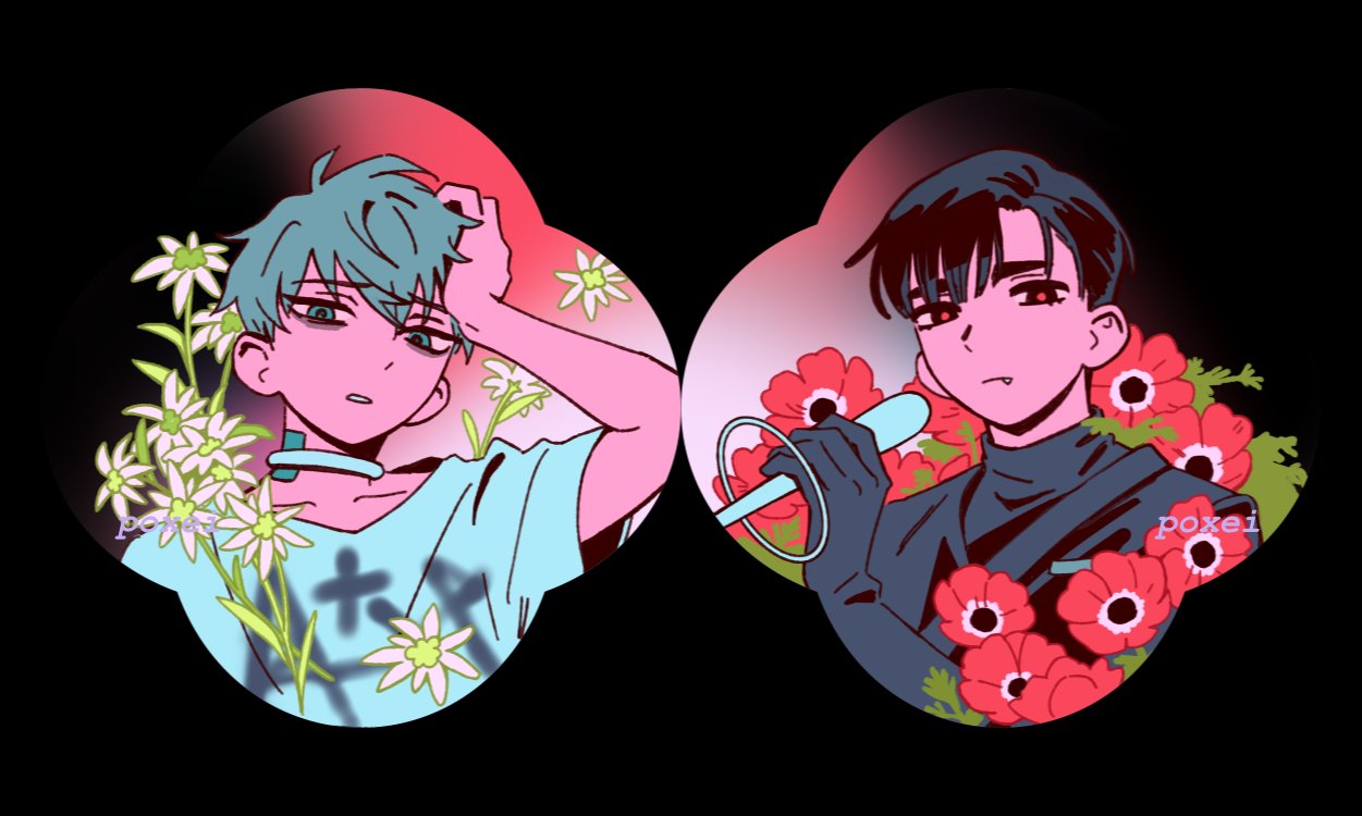 2boys, alien_stage, anemone_(flower), artist_name, black_eyes, black_gloves, black_hair, black_shirt