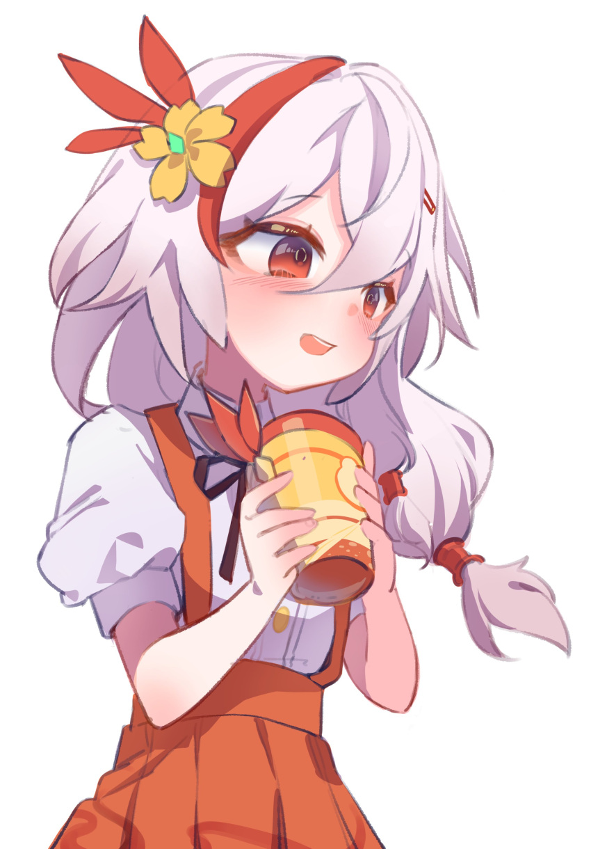 1girl, :d, absurdres, black_ribbon, blush, collared_shirt, commentary_request, cup