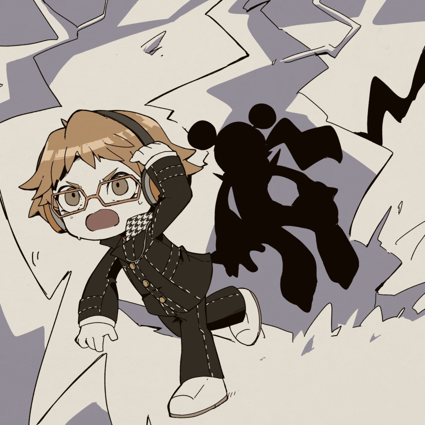 1boy, arm_up, bespectacled, black_jacket, black_pants, brown-framed_eyewear, brown_eyes, brown_hair