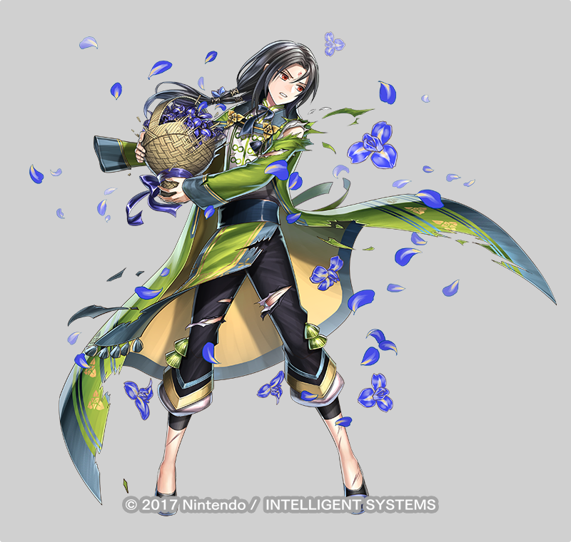 1boy, basket, black_hair, bow, bowtie, cape, copyright_notice, facial_mark