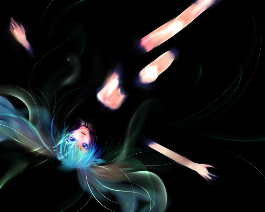 aqua_hair, black, blue_eyes, choker, hatsune_miku, midriff, nekoi, on_back