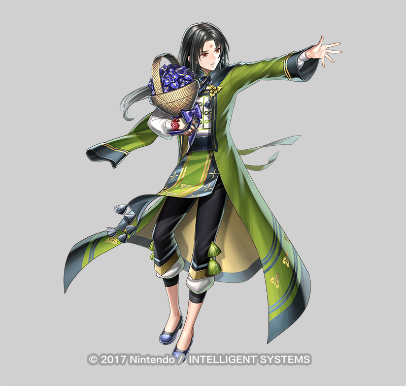 1boy, basket, black_hair, bow, bowtie, cape, copyright_notice, facial_mark