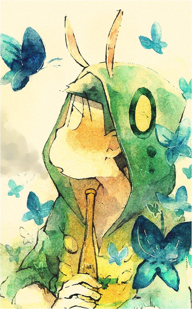 1boy, antennae, black_eyes, black_hair, blue_butterfly, blunt_bangs, bottle, bug, bug_costume, butterfly, cosplay, fingernails, green_jumpsuit, half-closed_eyes, holding, holding_bottle, hood, hood_up, hooded_jumpsuit, jumpsuit, kigurumi, light_blush, long_sleeves, looking_at_another, male_focus, matsuno_choromatsu, momiji_(lucario), open_mouth, osomatsu-san, osomatsu_(series), painting_(medium), short_hair, sleeve_cuffs, solo, three-quarter_sleeves, traditional_media, upper_body, watercolor_(medium)