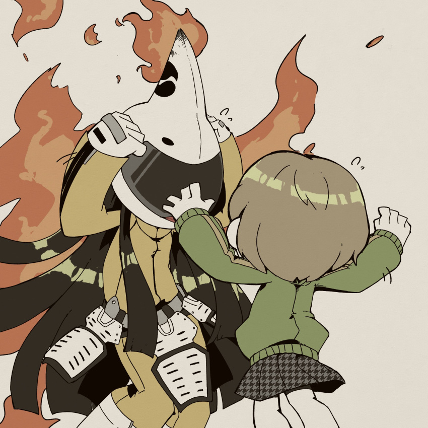 1girl, arms_up, brown_hair, feet_out_of_frame, fire, flying_sweatdrops, gloves, green_jacket