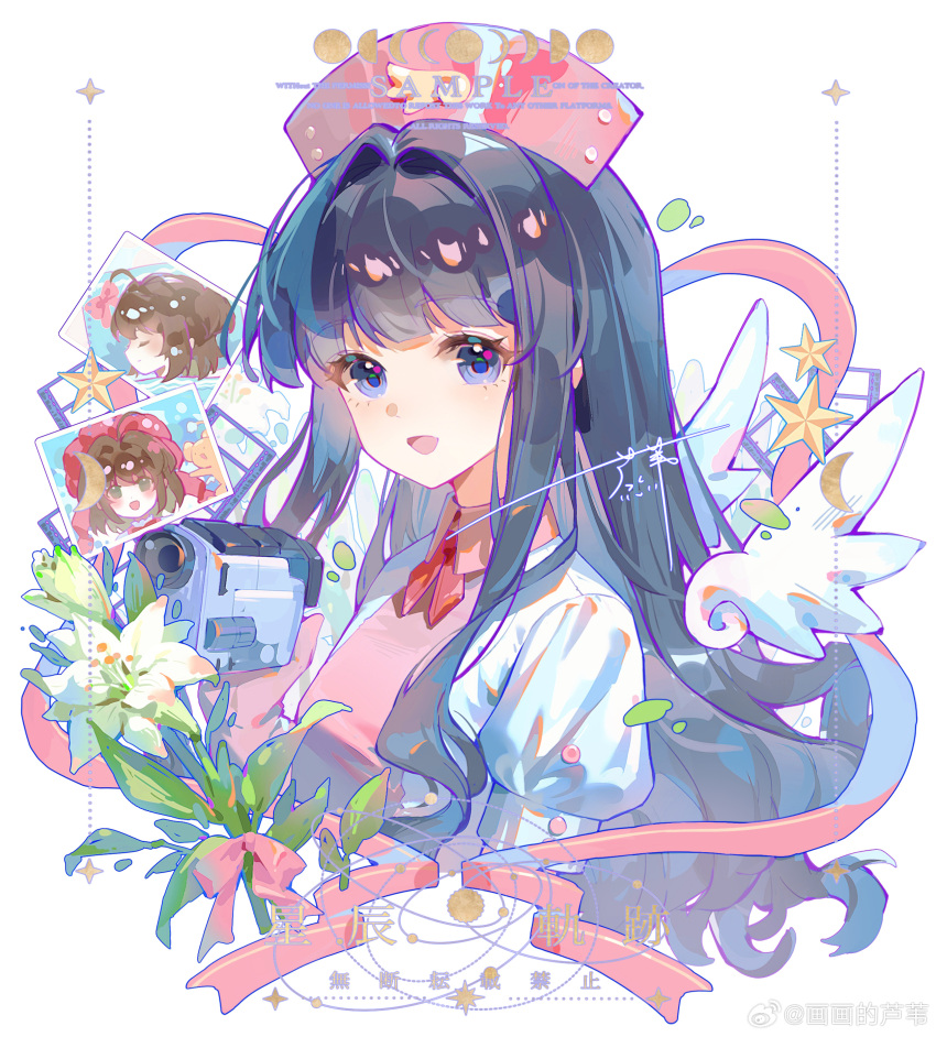 1girl, absurdres, angel_wings, black_hair, blue_eyes, bouquet, bow, bowtie
