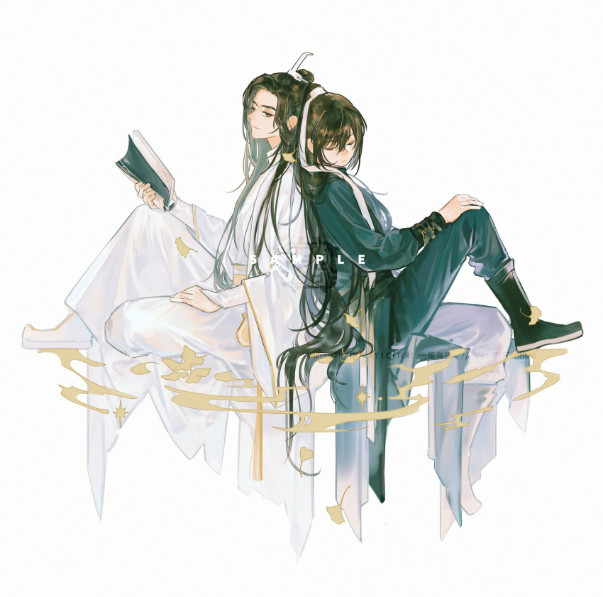 2boys, back-to-back, black_boots, black_hanfu, book, boots, brown_eyes, brown_hair