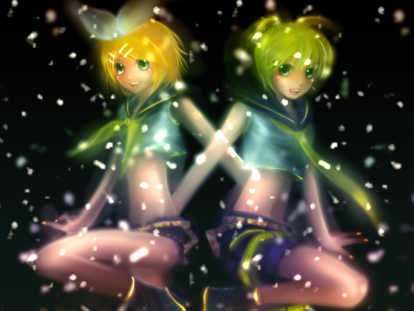 belt, blonde_hair, green_eyes, hairclip, kagamine_len, kagamine_rin, midriff, nail_polish