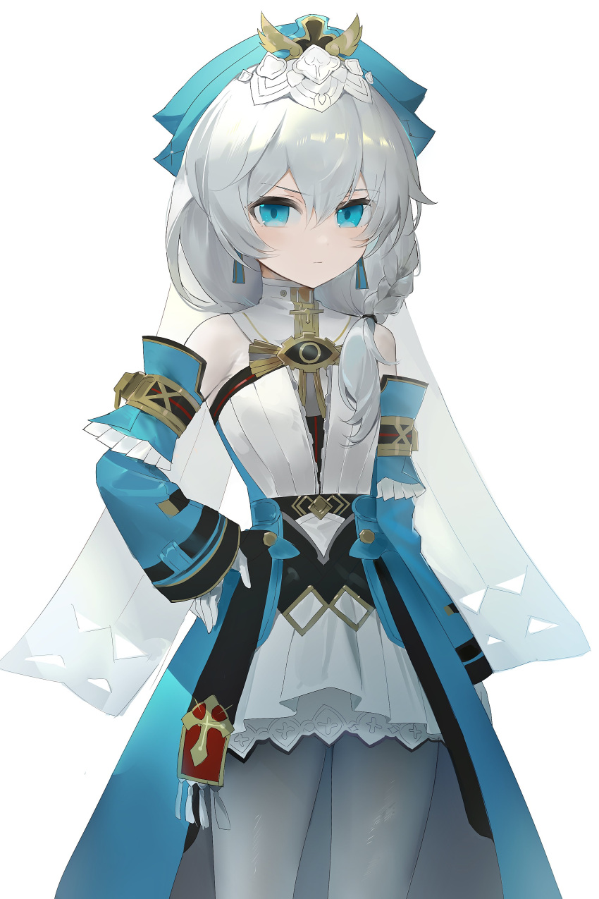 1girl, absurdres, baiser3rd, blue_eyes, blue_sleeves, braid, detached_sleeves, dress