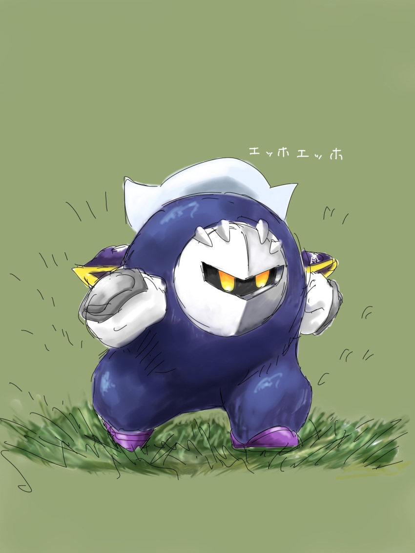 armor, blue_skin, cape, colored_skin, ehho_ehho_(meme), gloves, green_background, highres, kirby_(series), mask, meme, meta_knight, no_humans, pauldrons, raimu_(ankohome), sabaton, shoulder_armor, solo, walking, white_gloves, yellow_eyes