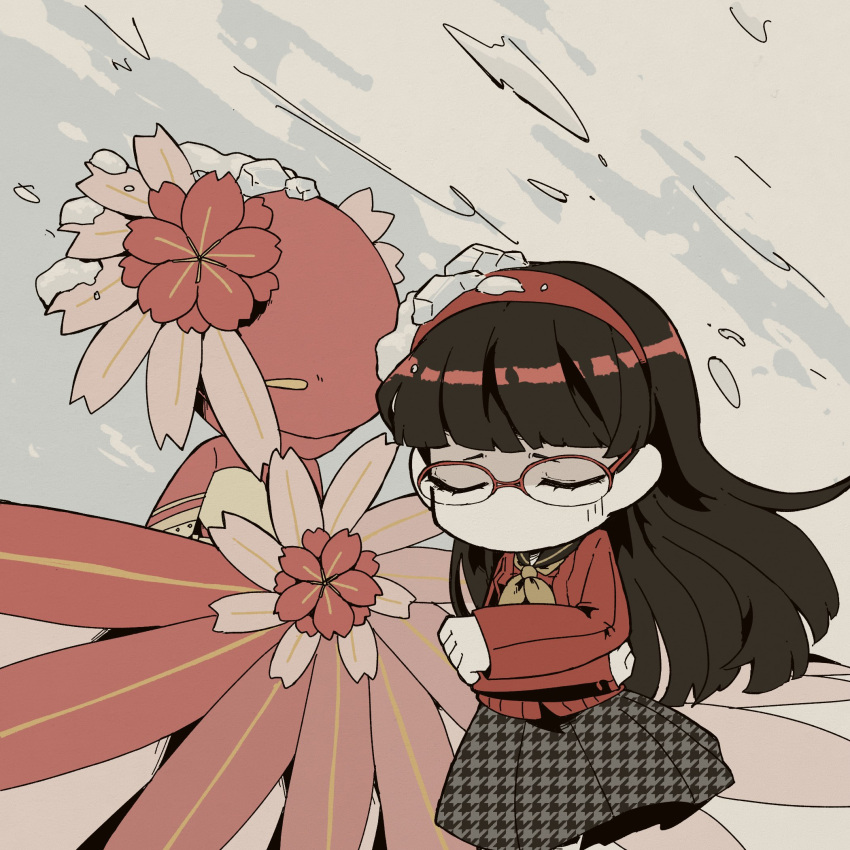 1girl, amagi_yukiko, black_hair, blunt_bangs, closed_eyes, colored_skin, crossed_arms, floating_hair