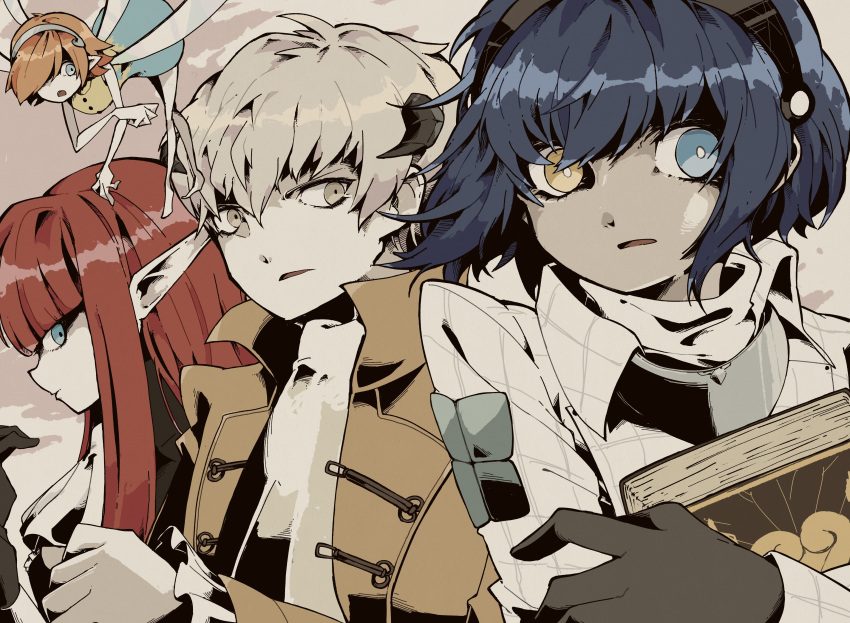 2boys, 2girls, absurdres, ascot, black_gloves, blue_eyes, blue_hair, blunt_bangs, book, closed_eyes, collared_jacket, crossed_arms, dot_nose, dress, fairy, fairy_wings, flying, gallica_(metaphor:_refantazio), gloves, grey_eyes, grey_hair, hair_between_eyes, hair_over_one_eye, hairband, heterochromia, high_collar, highres, holding, holding_book, horns, hulkenberg_(metaphor:_refantazio), jacket, kawa_senyou, long_hair, long_pointy_ears, metal_hairband, metaphor:_refantazio, multicolored_dress, multiple_boys, multiple_girls, one_eye_covered, open_clothes, open_jacket, parted_lips, patterned_clothing, pointy_ears, popped_collar, protagonist_(metaphor:_refantazio), red_hair, side-by-side, strohl_(metaphor:_refantazio), upper_body, white_ascot, wing_collar, wings, yellow_eyes, yellow_jacket