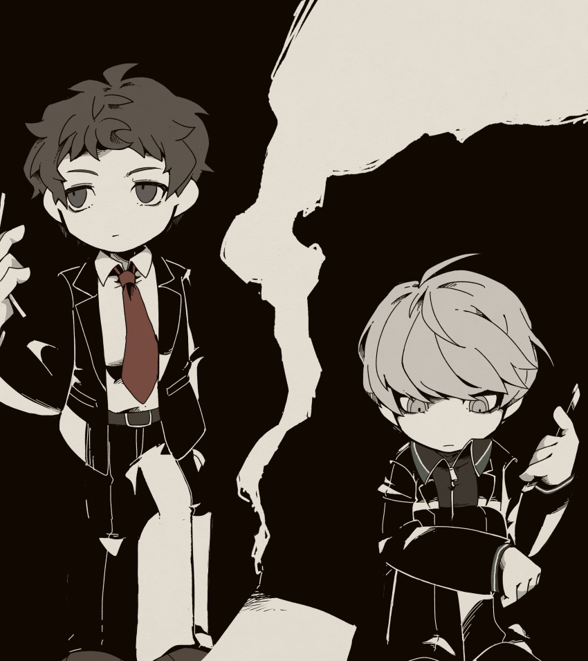 2boys, absurdres, adachi_tooru, arm_up, brown_eyes, brown_hair, closed_eyes, closed_mouth