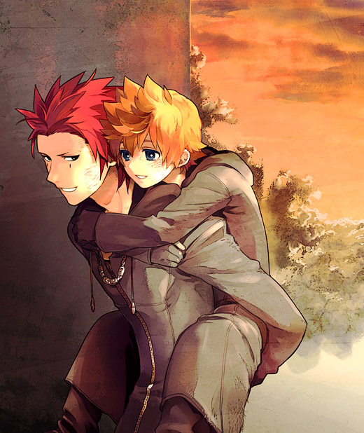 2boys, arms_around_neck, axel_(kingdom_hearts), black_coat, black_coat_(kingdom_hearts), black_gloves, blonde_hair, blue_eyes, carrying, coat, dirty, dirty_face, foliage, full-length_zipper, gloves, grin, implied_yaoi, kingdom_hearts, kingdom_hearts_358/2_days, long_sleeves, looking_at_another, looking_back, male_focus, multiple_boys, non-web_source, outdoors, piggyback, red_hair, roxas, smile, spiky_hair, teardrop_facial_mark, twilight, upper_body, vocon, zipper