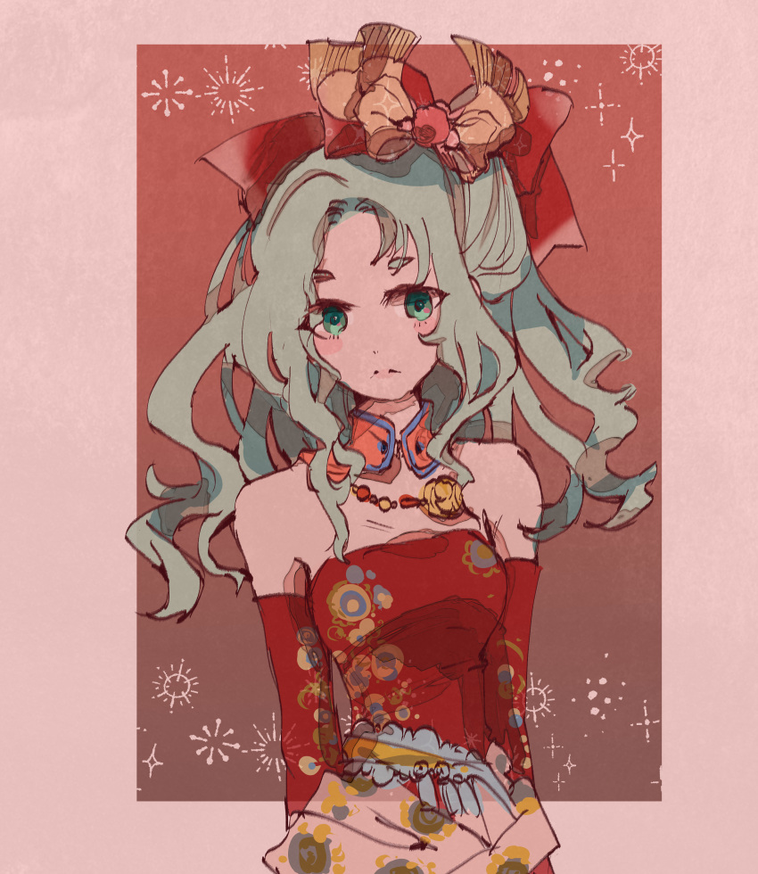 1girl, absurdres, ayamel_1228, bare_shoulders, blush, border, bow, breasts
