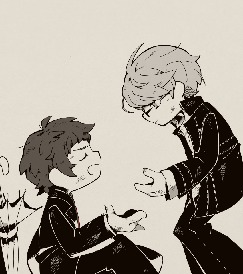 2boys, absurdres, adachi_tooru, bespectacled, bruise, bruise_on_face, closed_eyes, collared_jacket