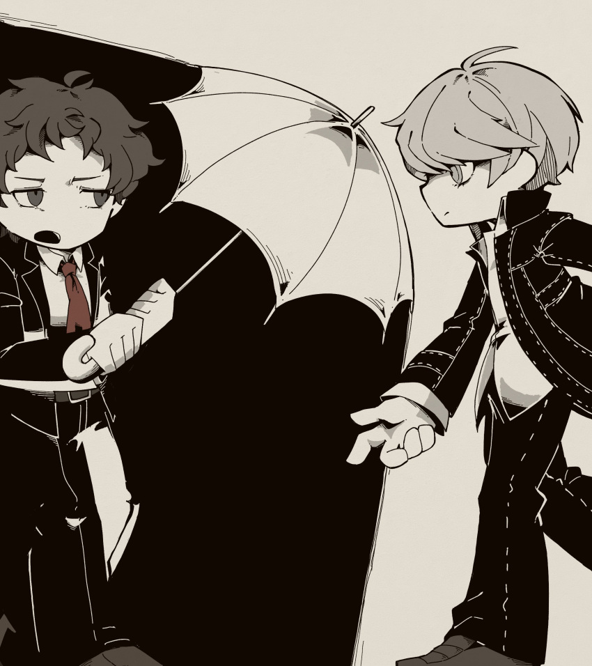 2boys, absurdres, adachi_tooru, closed_mouth, collared_jacket, collared_shirt, eye_contact, foot_out_of_frame