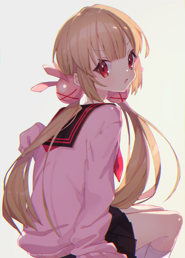 1girl, black_sailor_collar, black_skirt, brown_hair, commentary_request, from_behind, grey_background, hair_ornament