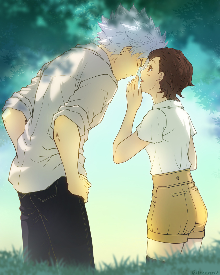 1boy, 1girl, black_pants, brown_eyes, brown_hair, brown_shorts, classicaloid, commentary_request