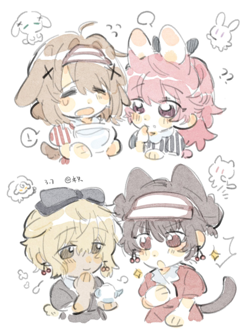 !, 4girls, ?, ??, ahoge, animal_ears, black_bow, black_dress