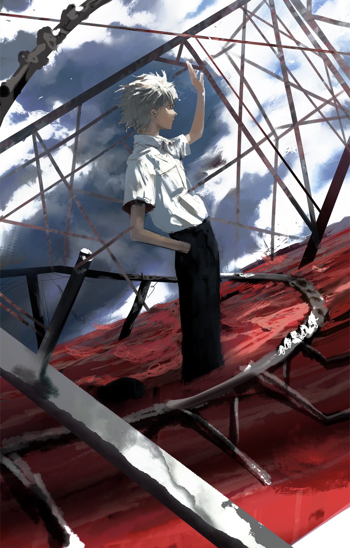 1boy, arm_up, black_pants, breast_pocket, closed_mouth, clouds, cloudy_sky, collared_shirt, commentary, from_side, hand_in_pocket, hashtag-only_commentary, highres, male_focus, nagisa_kaworu, neon_genesis_evangelion, pants, pocket, red_eyes, red_water, scaffolding, shirt, short_sleeves, sky, solo, standing, water, weweired9, white_hair, white_shirt