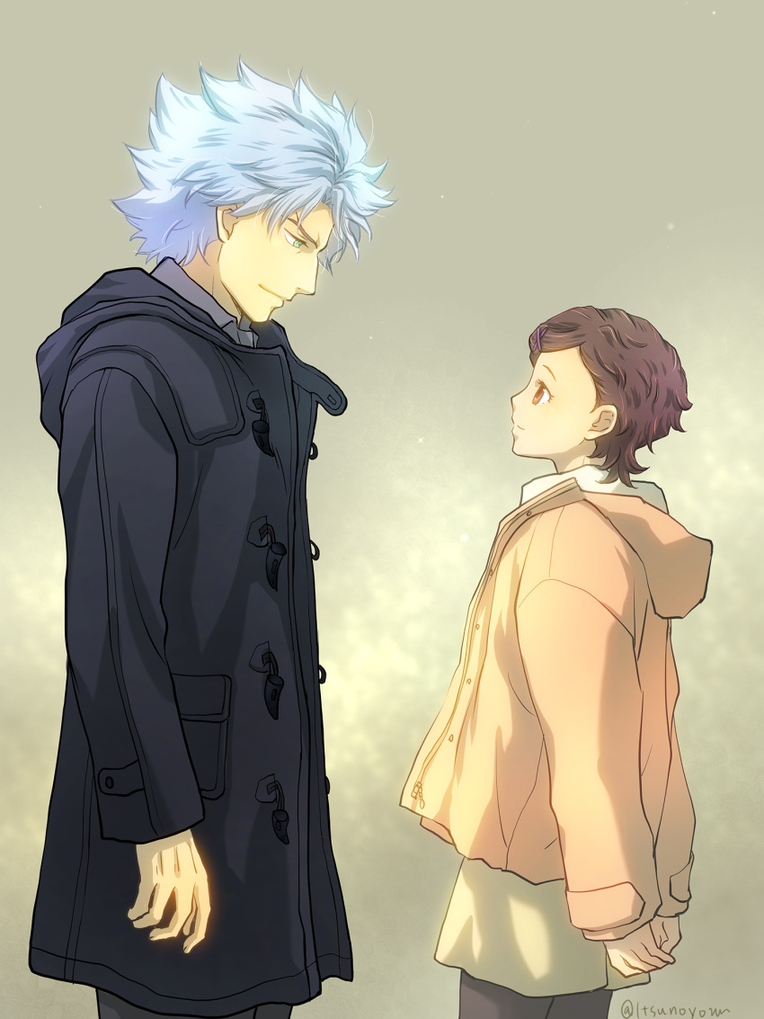 1boy, 1girl, arms_at_sides, arms_behind_back, black_coat, black_pantyhose, blue_hair, brown_coat, brown_hair, classicaloid, closed_mouth, coat, from_side, grey_background, highres, hood, hood_down, itsunoyoru, long_sleeves, looking_at_another, ludwig_van_beethoven_(classicaloid), otowa_kanae, pantyhose, short_hair, skirt, white_skirt