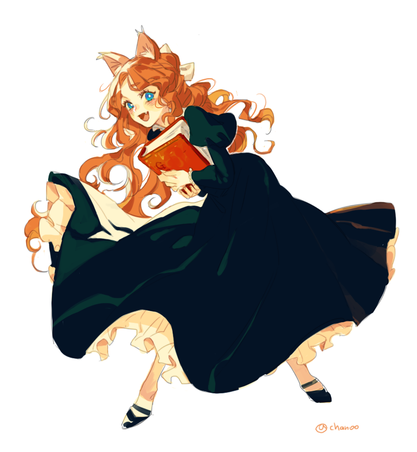 1girl, animal_ears, black_dress, black_shoes, blue_eyes, blush, book, cat_ears, cat_girl, chanoo_artz, commentary_request, dress, fang, frilled_cuffs, frilled_dress, frills, full_body, holding, holding_book, long_hair, looking_at_viewer, open_mouth, orange_hair, original, puffy_sleeves, shoes, skin_fang, solo, white_background