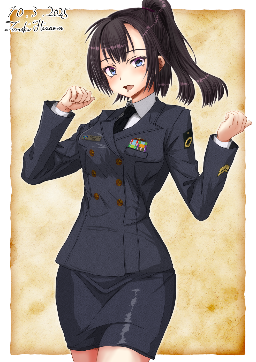 1girl, akizuki_(kancolle), black_hair, black_jacket, black_necktie, black_skirt, buttons, collared_shirt