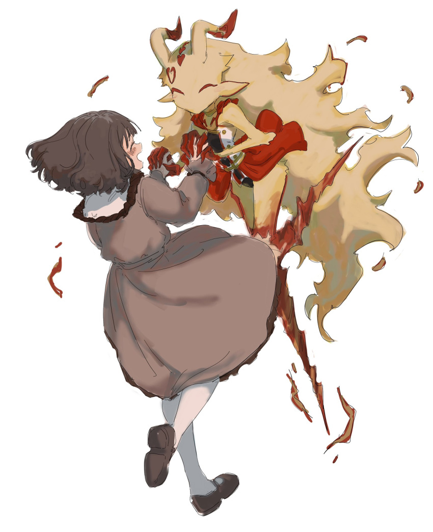 2girls, ^_^, belt, brown_dress, brown_hair, closed_eyes, dancing, dress