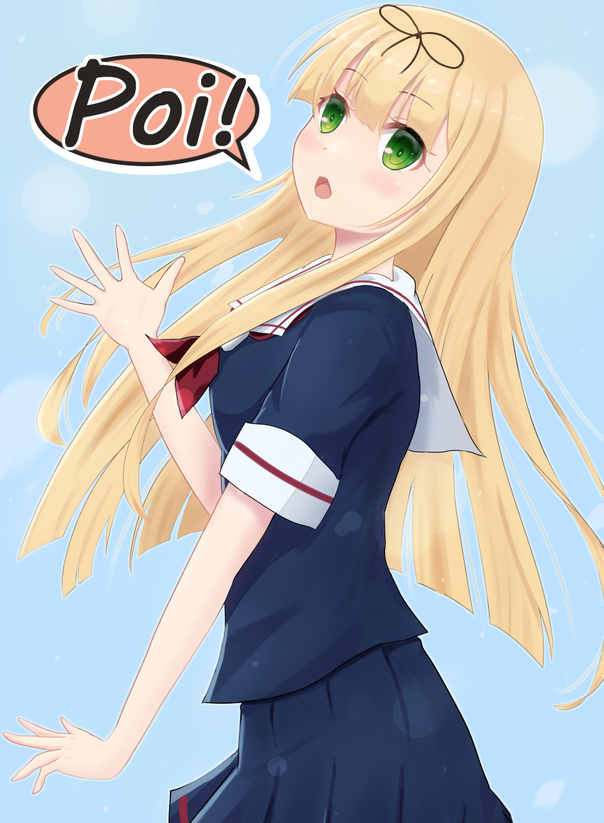 1girl, absurdres, black_serafuku, black_shirt, black_skirt, blonde_hair, blue_background, blunt_bangs, commentary_request, green_eyes, highres, kantai_collection, long_hair, natsumoto_itsuki, neckerchief, pleated_skirt, poi, red_neckerchief, sailor_collar, sailor_shirt, school_uniform, serafuku, shirt, skirt, solo, white_sailor_collar, yuudachi_(kancolle)
