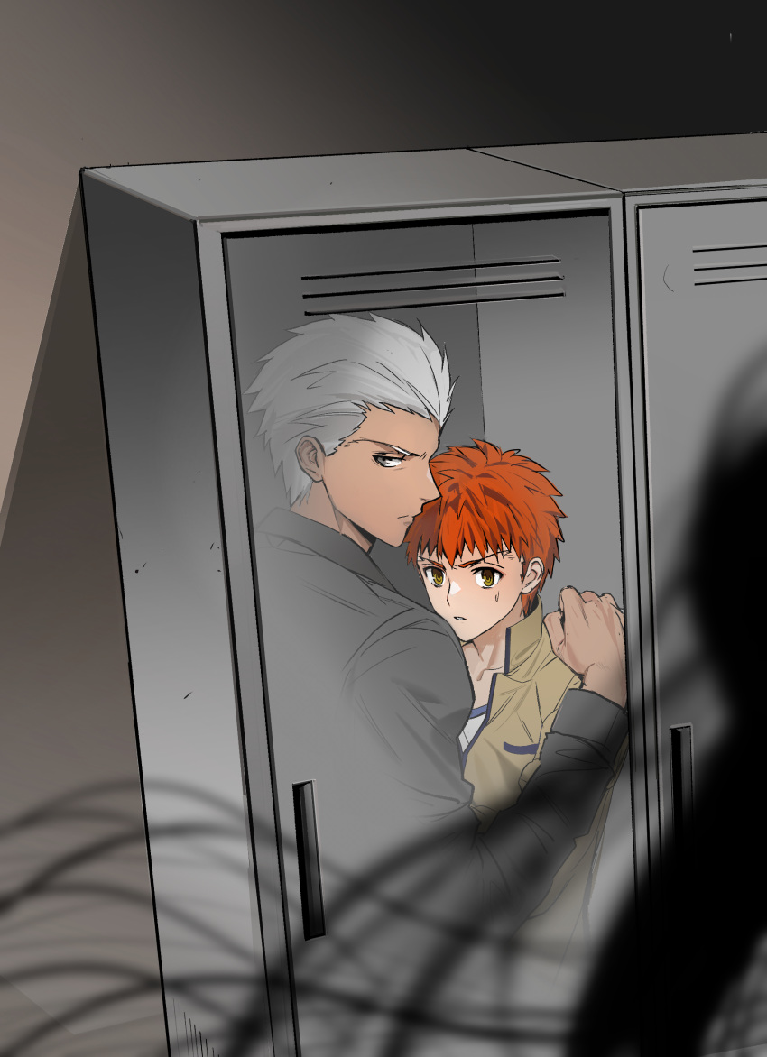 1girl, 2boys, absurdres, archer_(fate), blurry, blurry_foreground, brown_eyes, commentary_request