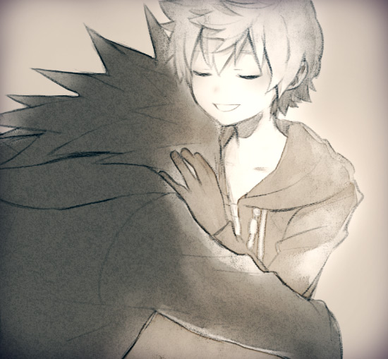2boys, axel_(kingdom_hearts), bad_id, bad_pixiv_id, black_coat, black_coat_(kingdom_hearts), closed_eyes, coat, gloves, greyscale, hand_on_another's_head, hood, hood_down, hooded_coat, hug, kingdom_hearts, kingdom_hearts_358/2_days, kingdom_hearts_ii, long_hair, male_focus, monochrome, multiple_boys, organization_xiii, roxas, sad_smile, short_hair, spiky_hair, upper_body, vignetting, vocon