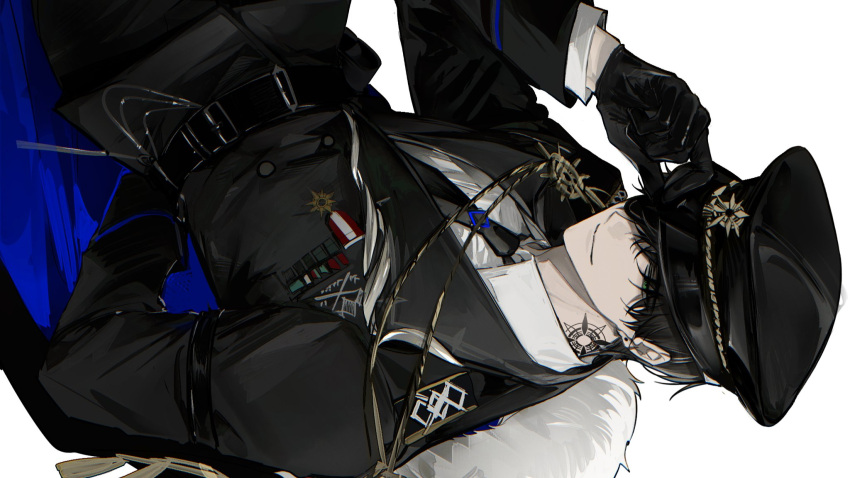 1boy, adjusting_clothes, adjusting_headwear, arm_behind_back, belt, black_belt, black_gloves, black_hair, black_hat, black_jacket, black_necktie, blue_cape, cape, closed_mouth, collared_shirt, cowboy_shot, eyepatch, fur-trimmed_cape, fur_trim, gloves, green_eyes, hat, highres, jacket, leaning, light_smile, looking_at_viewer, male_focus, military_uniform, neck_tattoo, necktie, one_eye_covered, original, shiny_gloves, shirt, short_hair, sideways, simple_background, solo, tattoo, white_background, white_shirt, yujae_hzcx2584