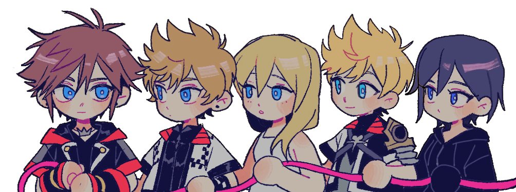 2girls, 3boys, black_coat_(kingdom_hearts), black_hair, blonde_hair, blue_eyes, blush, brown_hair