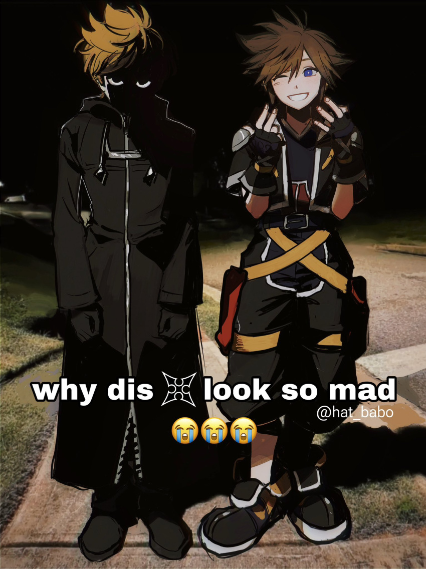2boys, belt, black_coat_(kingdom_hearts), blonde_hair, blue_eyes, brown_hair, crying_emoji, emoji