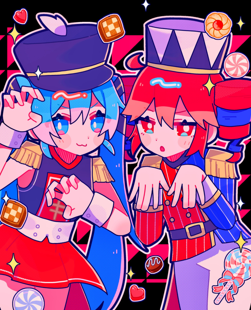2girls, :3, ahoge, aqua_eyes, aqua_hair, belt, black_belt, black_hat