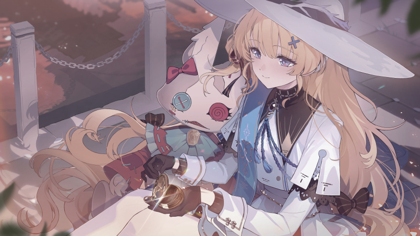 1girl, absurdres, black_bow, black_collar, black_gloves, blonde_hair, blue_eyes, bow, breasts, closed_mouth, collar, commentary_request, gloves, hair_bow, hair_ornament, hair_spread_out, hat, highres, holding, kurohush, logo, long_hair, long_sleeves, looking_at_object, official_art, phoebe_(wuthering_waves), second-party_edit, second-party_source, shirt, sitting, skirt, small_breasts, smile, solo, striped_bow, tacet_discord_(wuthering_waves), very_long_hair, white_hat, white_shirt, white_skirt, wind, wuthering_waves, x_hair_ornament