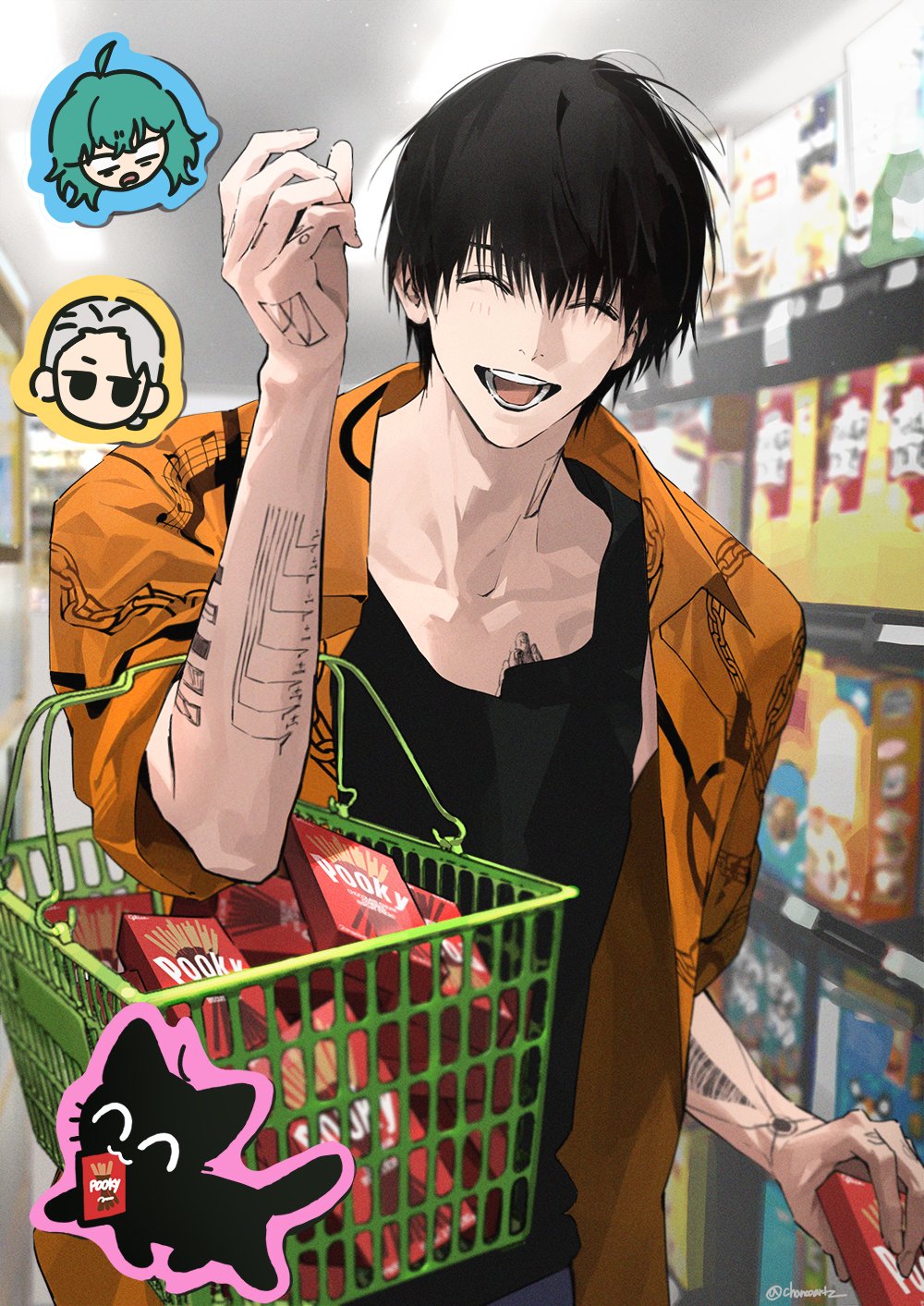 1girl, 2boys, ahoge, akao_rion, animal_print, arm_tattoo, basket, black_eyes