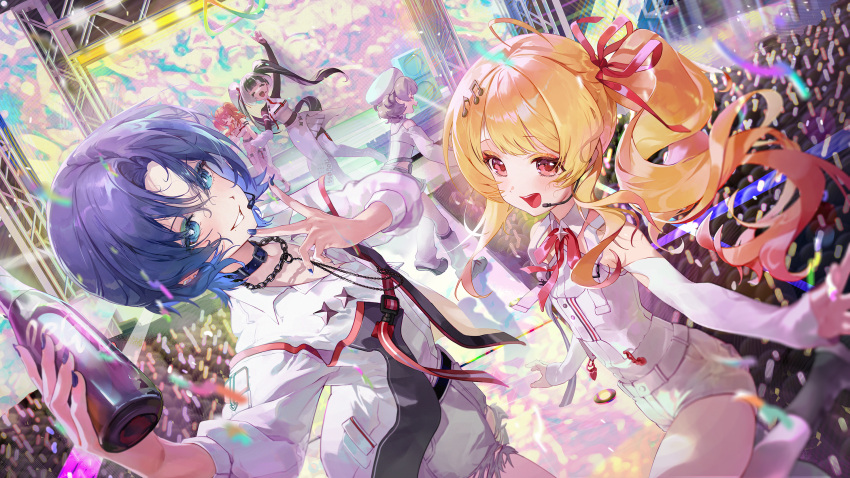 5girls, ahoge, arms_up, audience, belt, black_choker, black_hair, blonde_hair