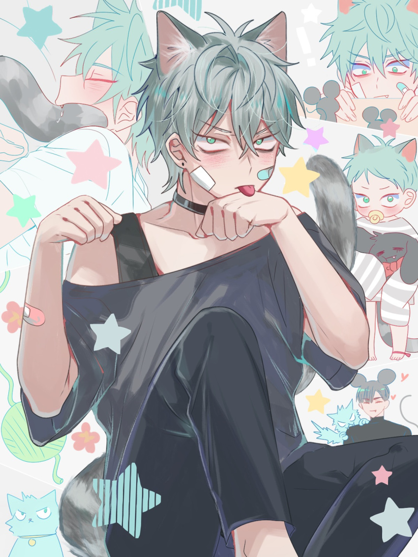 2boys, alien_stage, animal_ears, aqua_eyes, bandaid, bandaid_on_face, black_hair, black_pants