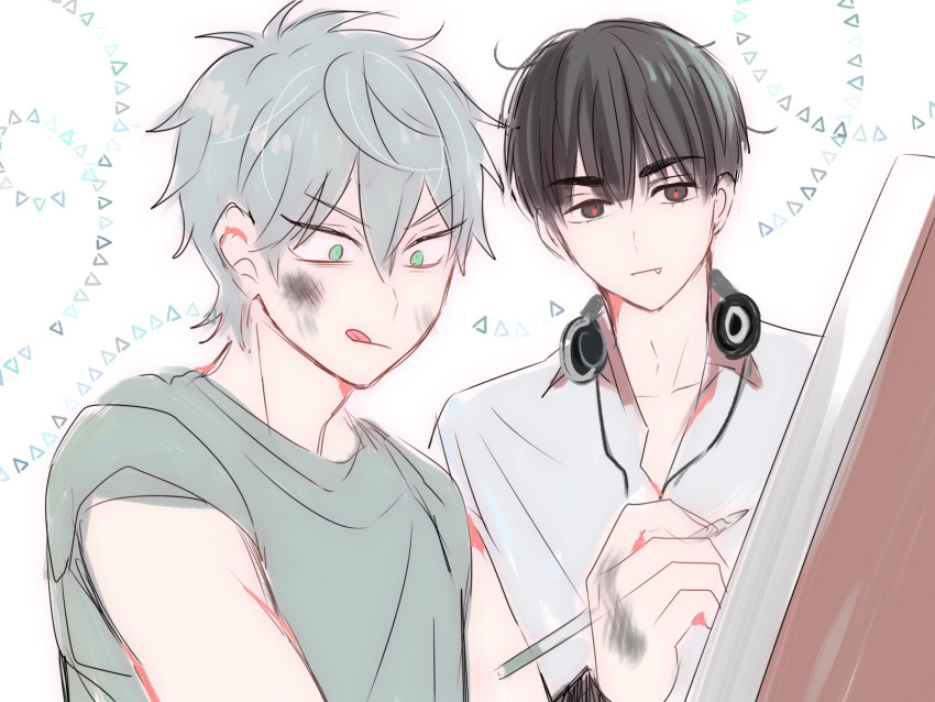 2boys, alien_stage, black_eyes, canvas_(object), chinese_commentary, collared_shirt, commentary_request, dirty