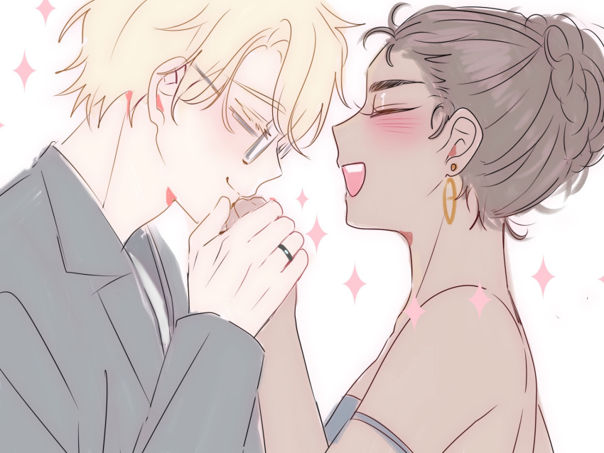 1boy, 1girl, alien_stage, black_jacket, blazer, braid, braided_bun, brown_hair