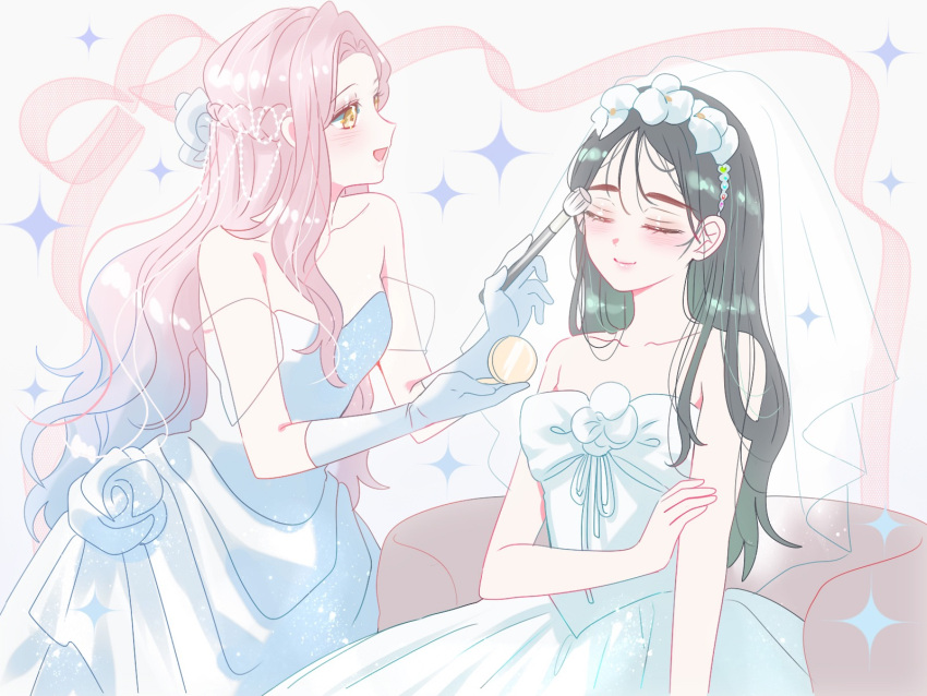 2girls, alien_stage, applying_makeup, bare_shoulders, birthday, black_hair, blue_hair, bow